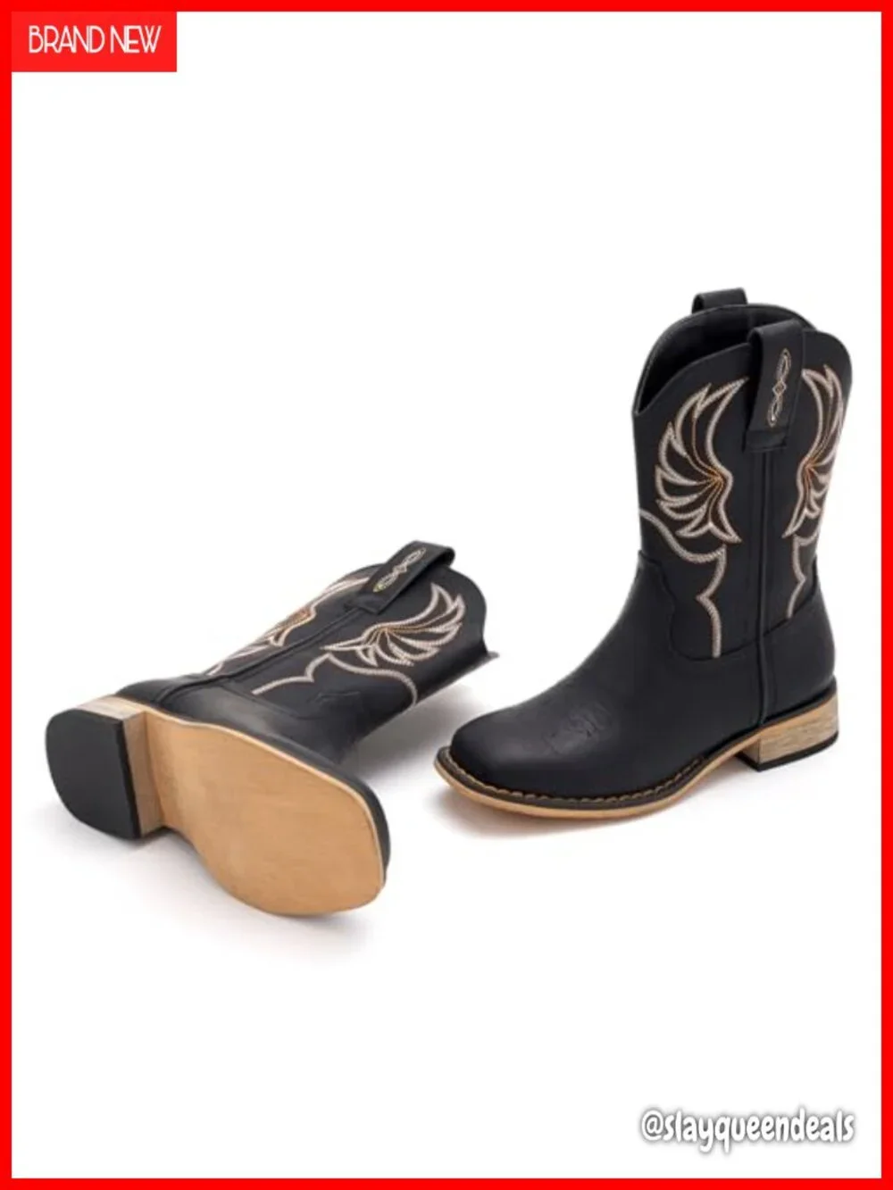 Kids Western Cowboy Boots Faux Leather Square Toe Embroidered Pull-On